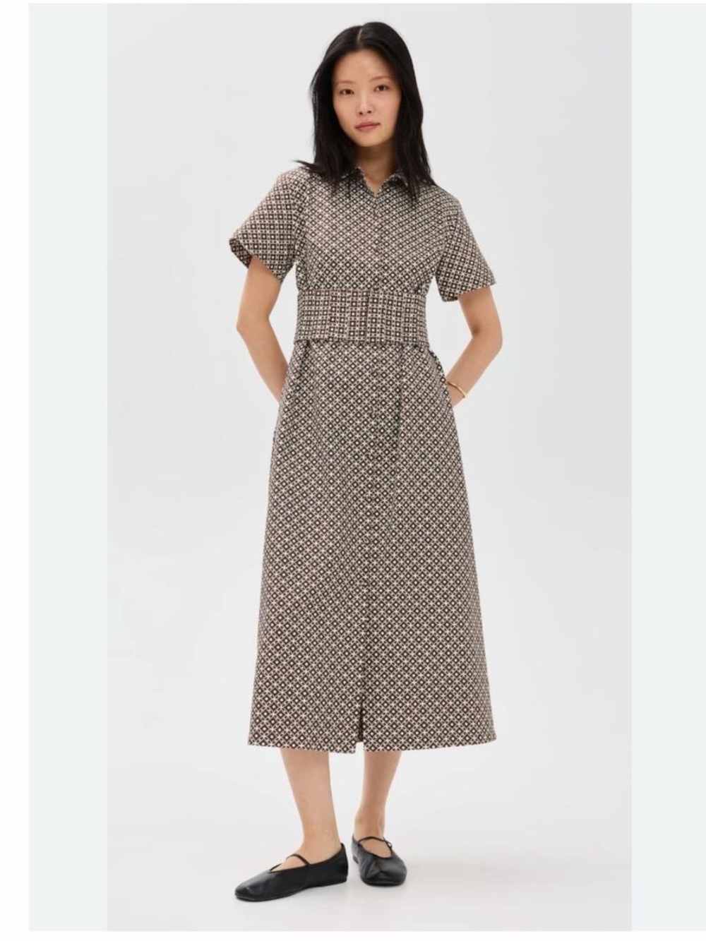Hill House Geometric Shirt Midi Dress in Brown and Cream Sz S NWT